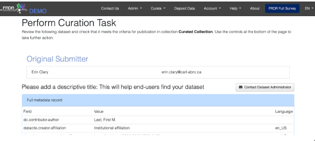 Screenshot showing the ‘Perform Curation Task’ page on FRDR.